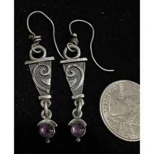 Artisan Modernist Brutalist Sterling Silver 925 Amethyst Cabochon Earrings